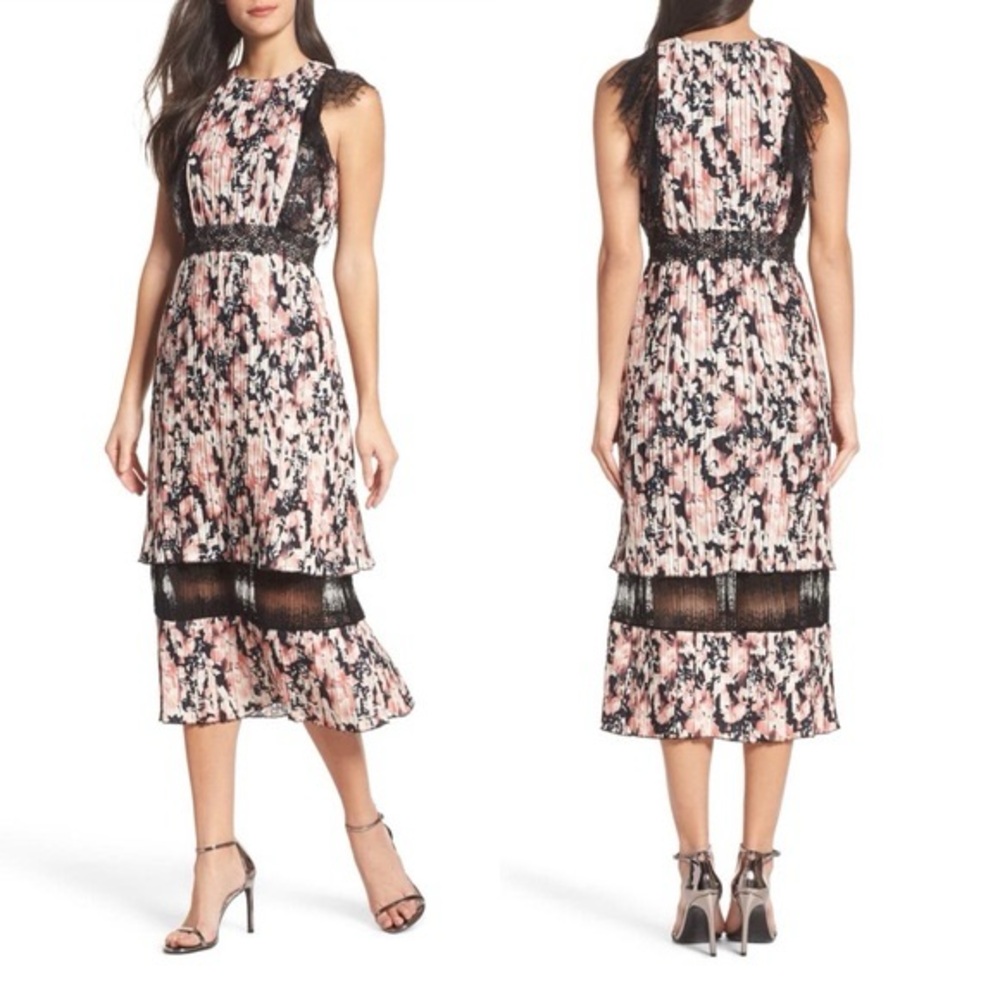 Foxiedox Jasmine Lace Pleated Floral Print Midi Dress Women's Large